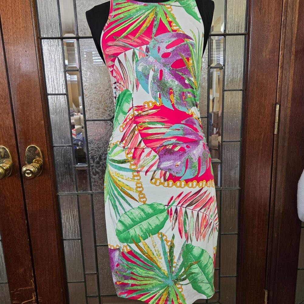 Guess Women's Sleeveless Tropical/Chain Print Knee-Length Sleeveless Midi Dress